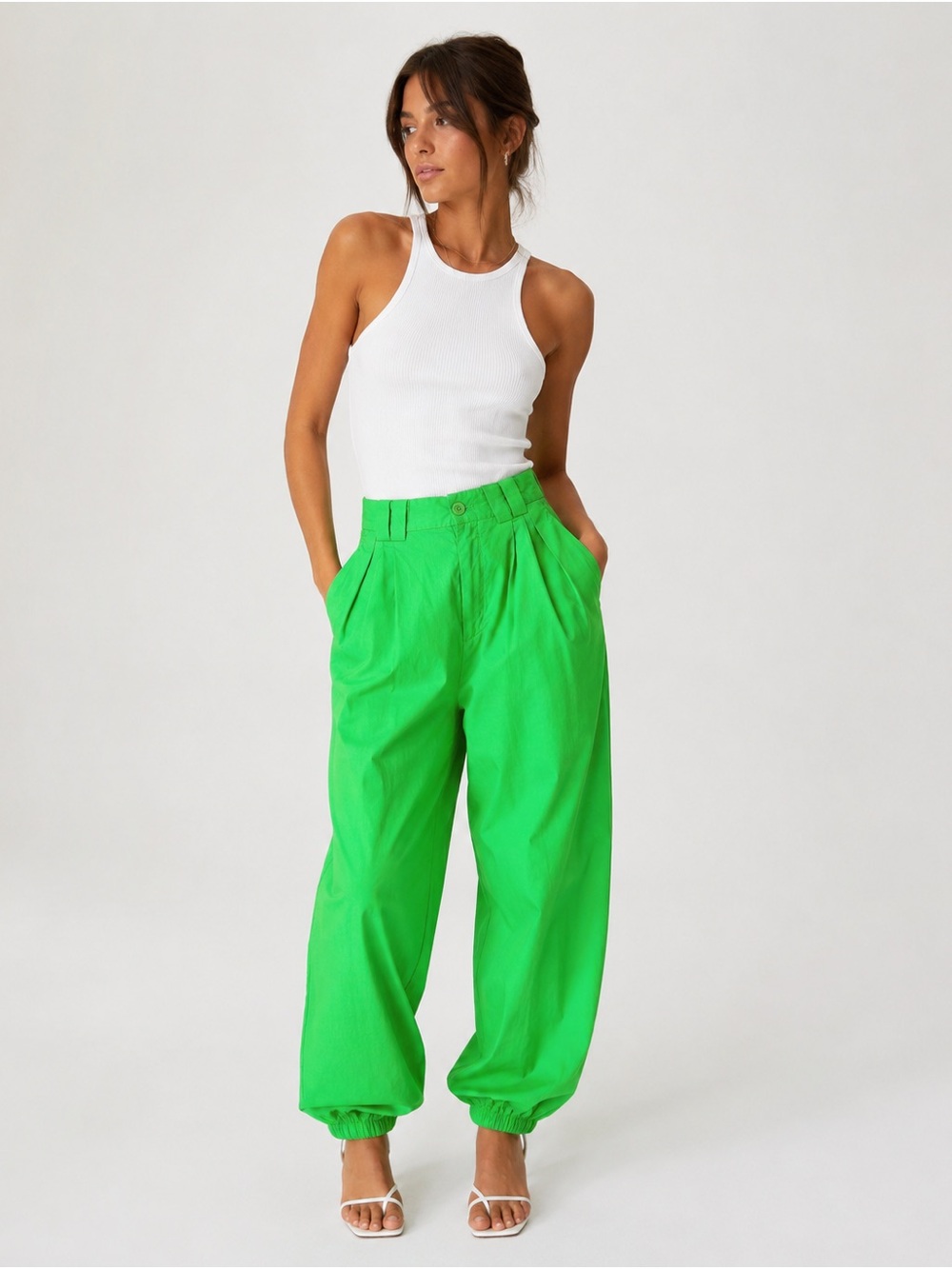 L’Academie Bright Green Pleated Balloon Pants XS Linen Blend